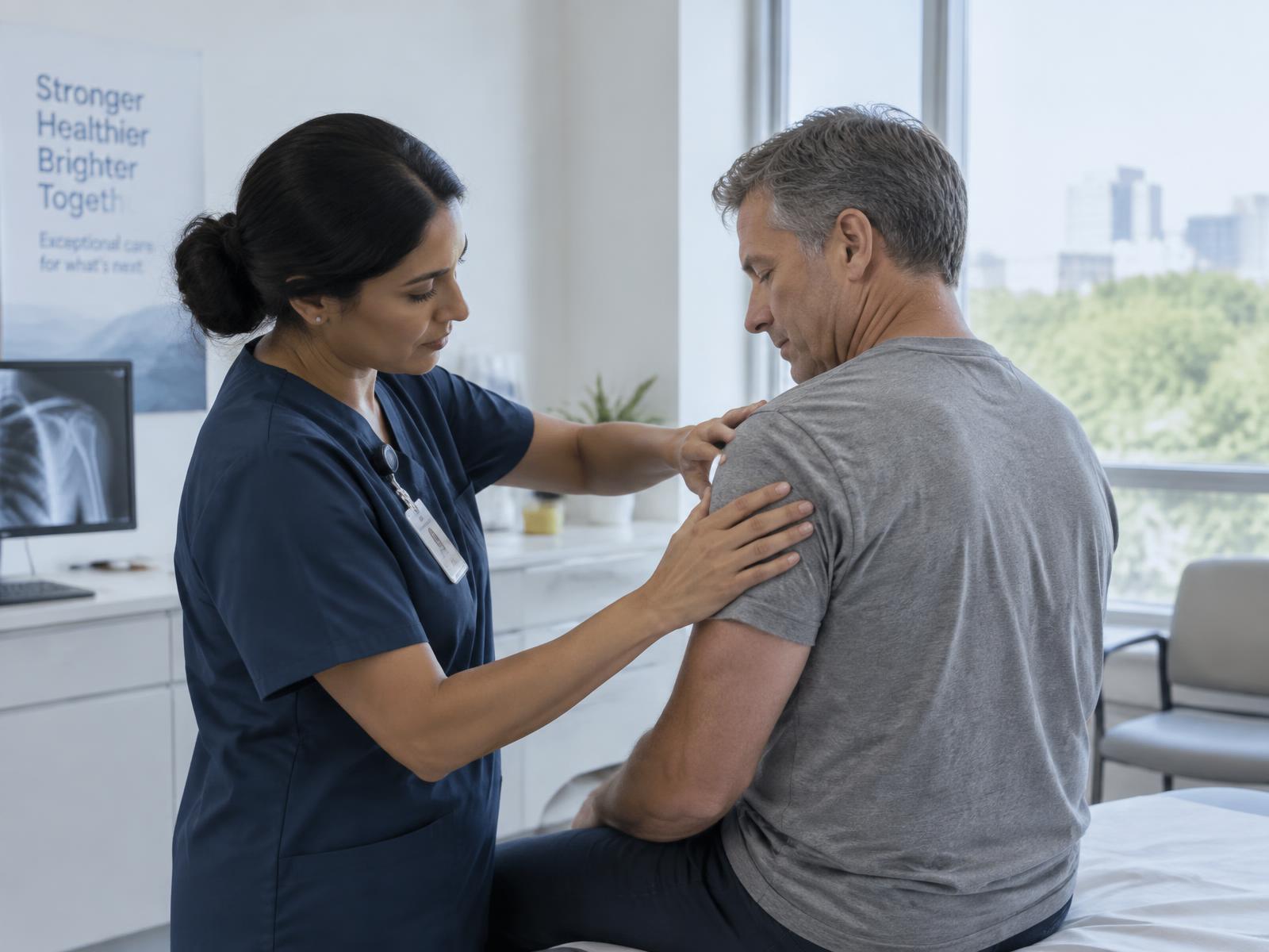 A clinician examining a patient's shoulder during an evaluation